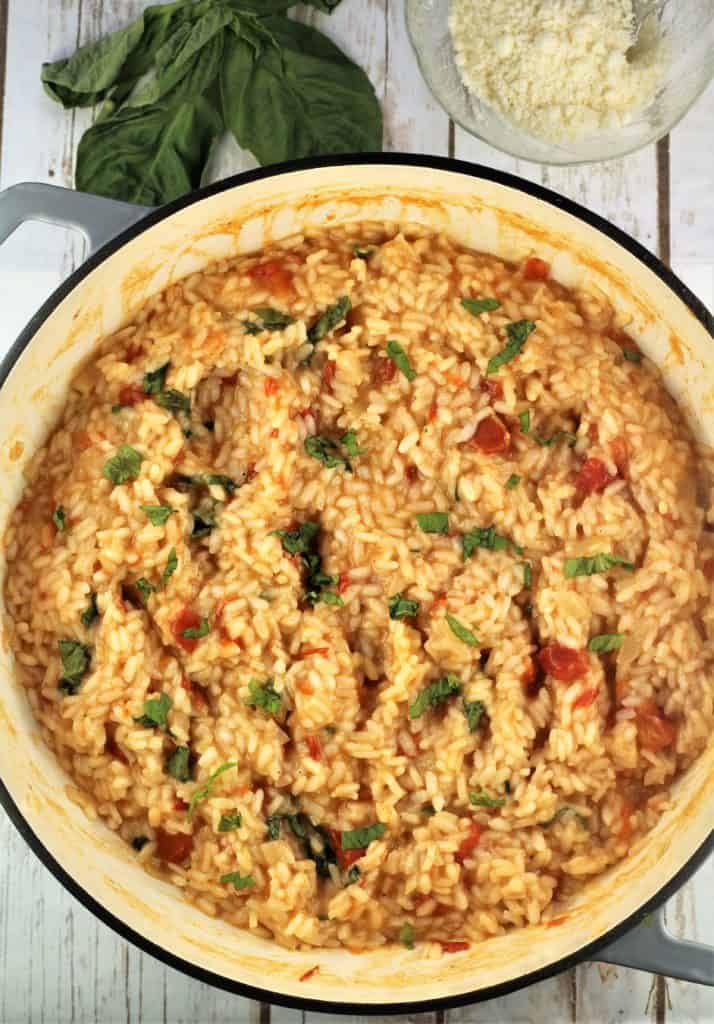 tomato and basil risotto in large sauce pan