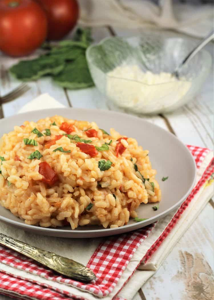 plated risotto on red checkered dish cloth with bowl of cheese behind it