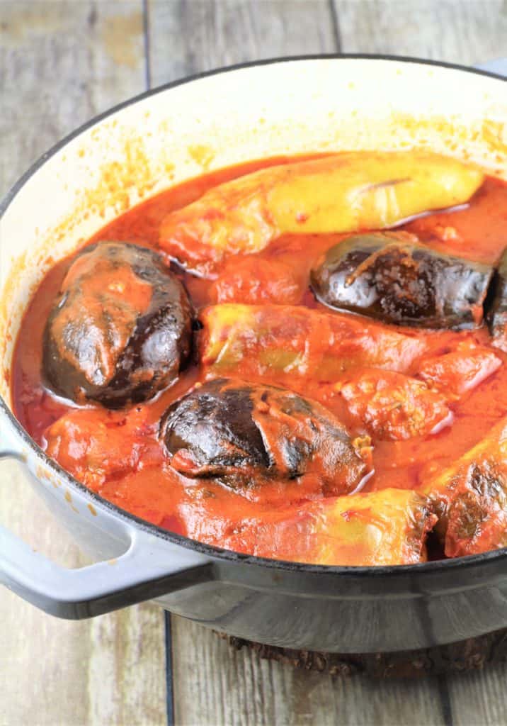 Stuffed Eggplant and Peppers in Tomato Sauce in large pan