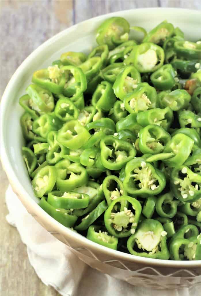 hot green pepper rounds piled in bowl