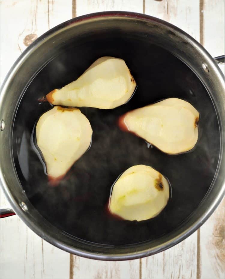 4 pears in wine in large sauce pan