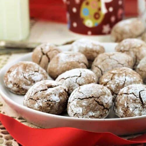 Amaretti cookies with cocoa powder on plate.