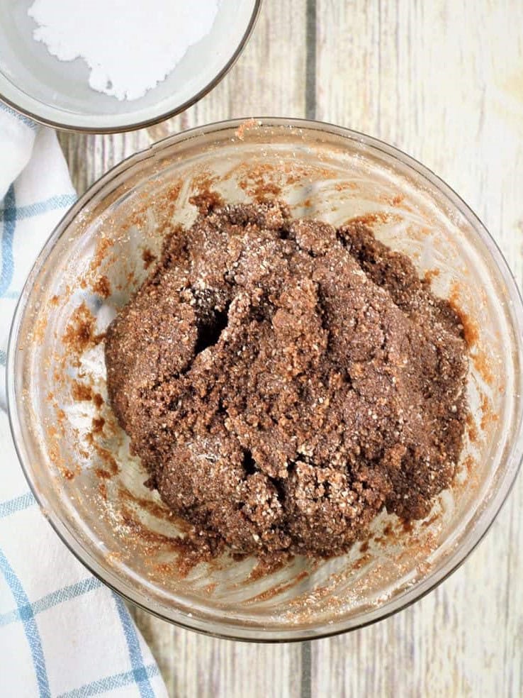Chocolate espresso amaretti cookie dough in bowl.