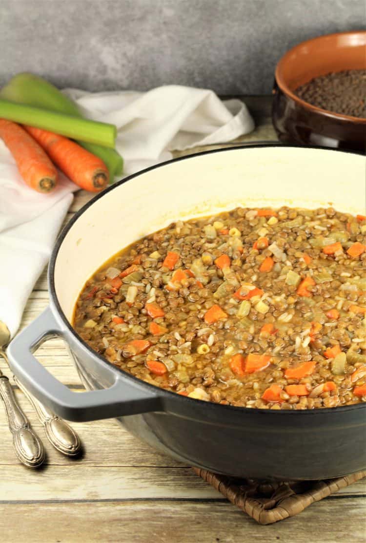 grey skillet filled with lentils and rice with carrot, celery ribs in background