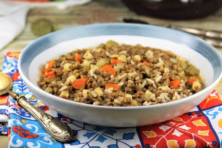 blue rimmed bowl of Italian lentils with rice