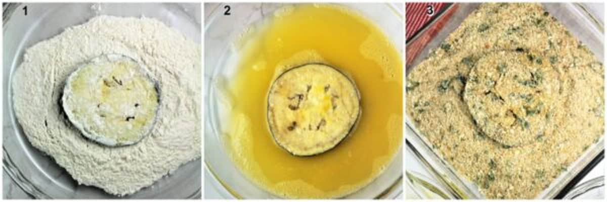 Steps for dredging eggplant cutlets in flour; eggwash; and breadcrumbs.