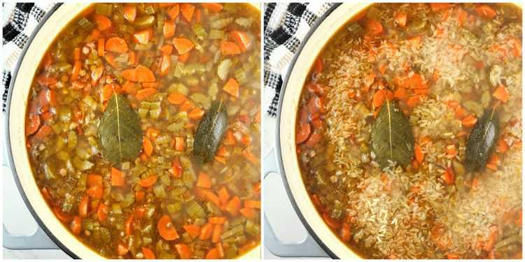 adding rice to soffrito and lentils in sauce pan