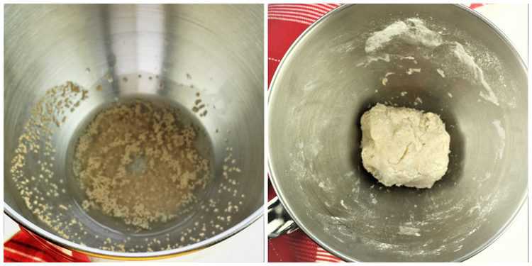 proofing yeast in first image with flour added in second image