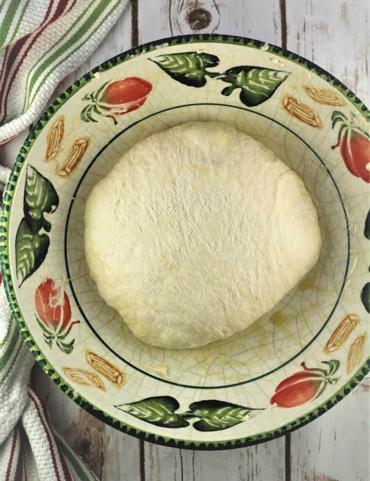 ball of no knead pizza dough in greased bowl