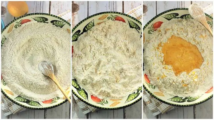 step by step images with bowls on how to make chiacchiere dough