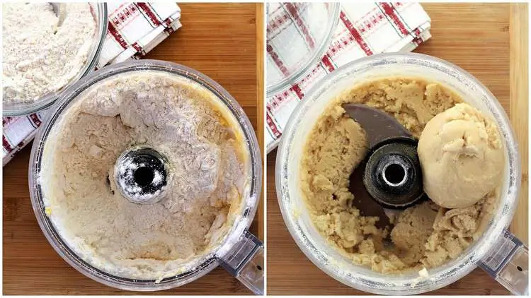 adding flour to creamed butter and sugar in food processor bowl