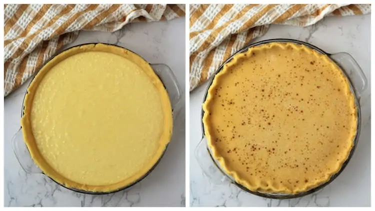pie crust with ricotta filling in it and second image with pie crust over filling