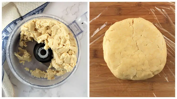 images of pie dough in food processor and shaped into a disc 