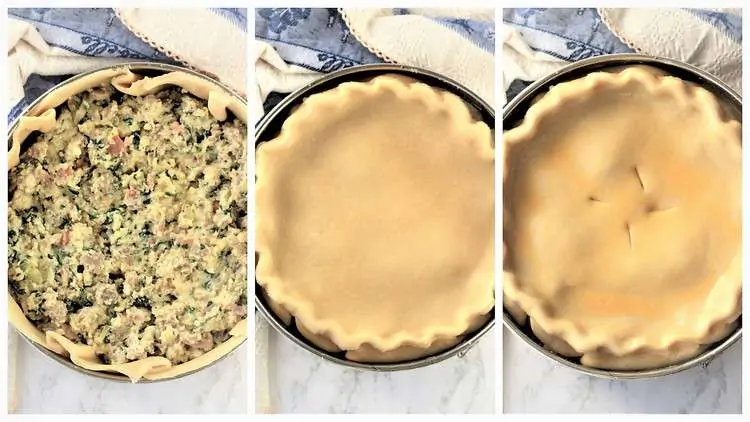 step by step images for filling pie dough and covering with top dough 