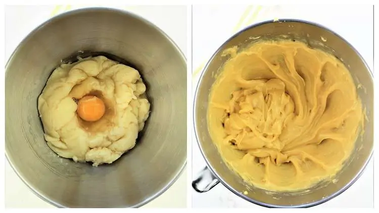 incorporating eggs into choux pastry in mixing bowl