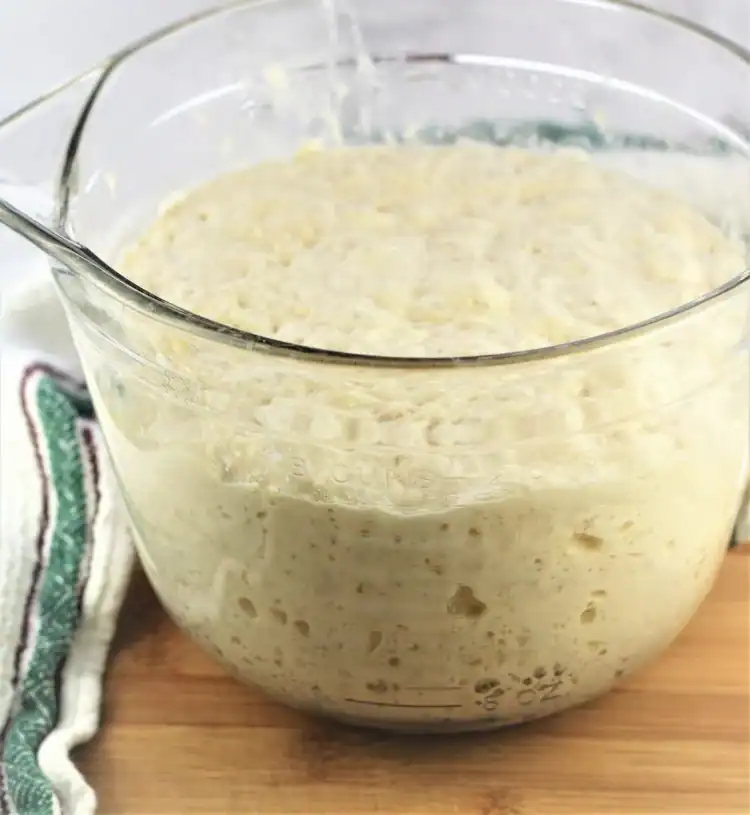 No knead pizza dough in glass measuring bowl.