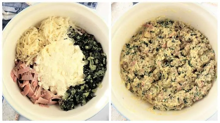 combining filling ingredients for pizza rustica in large mixing bowl