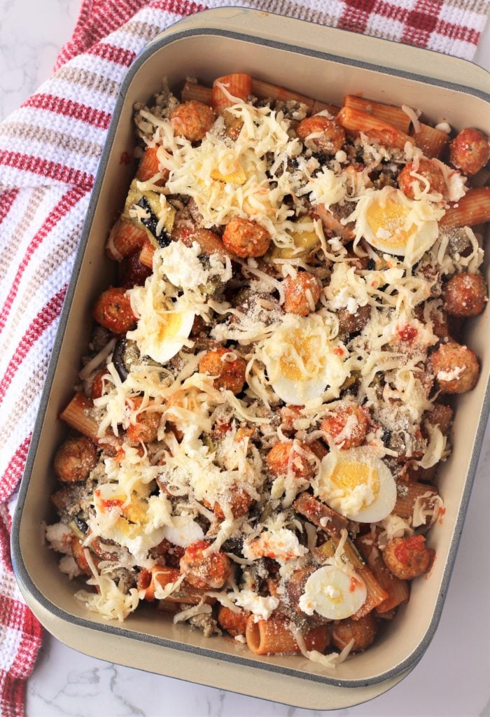 pasta al forno layered in baking dish