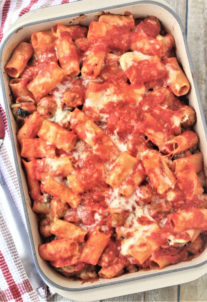 rectangular baking dish filled with baked pasta 