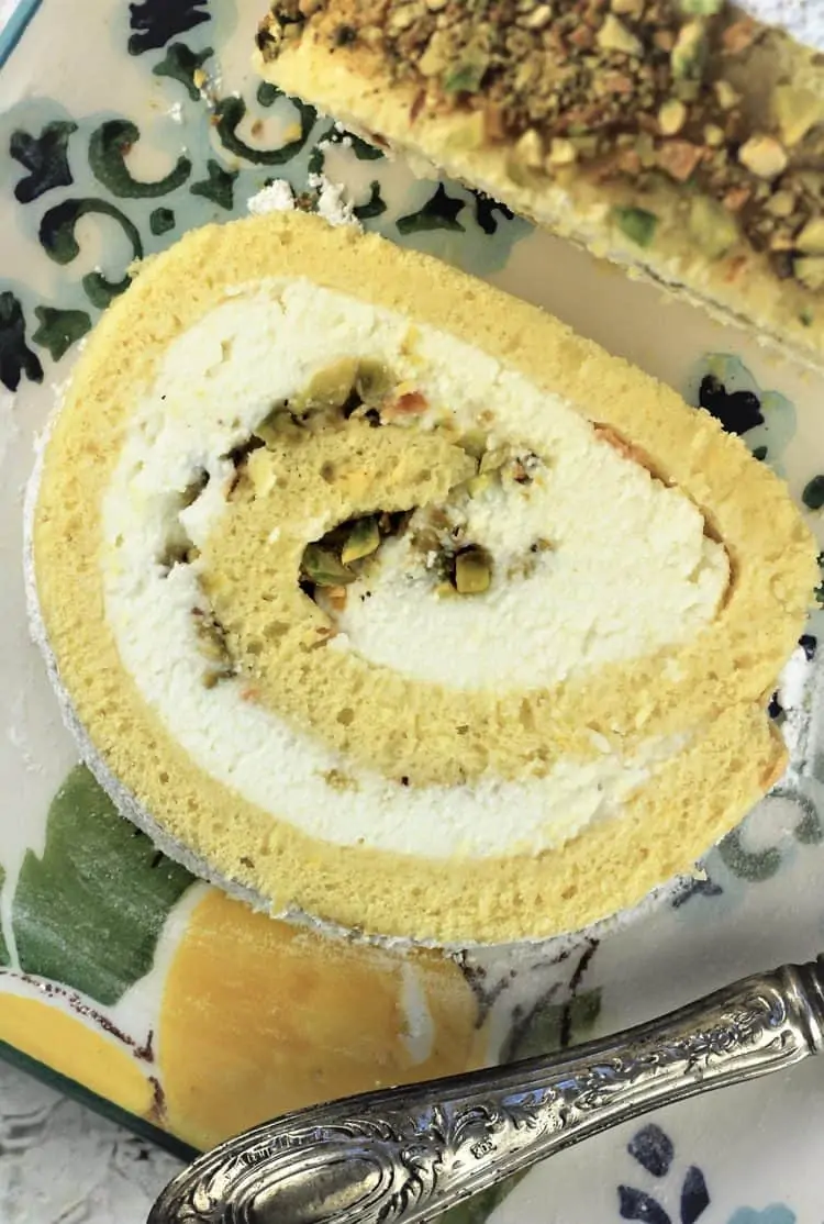slice of ricotta swirled roll cake