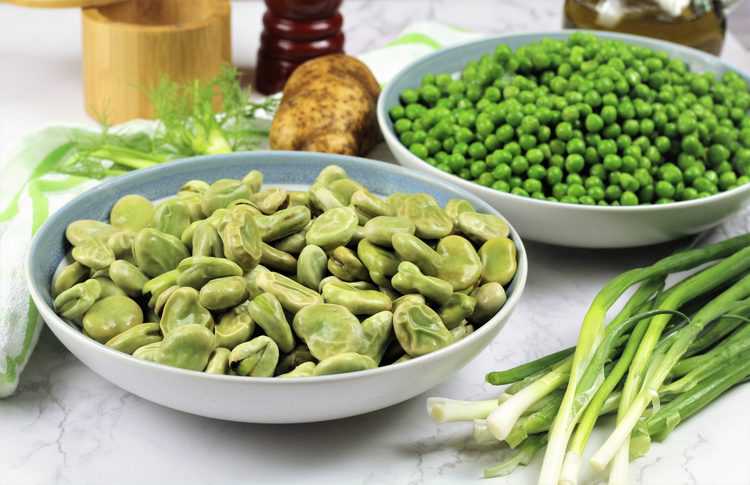 bowl of fava beans, bowl of peas, green onions, potato and olive oil bottle