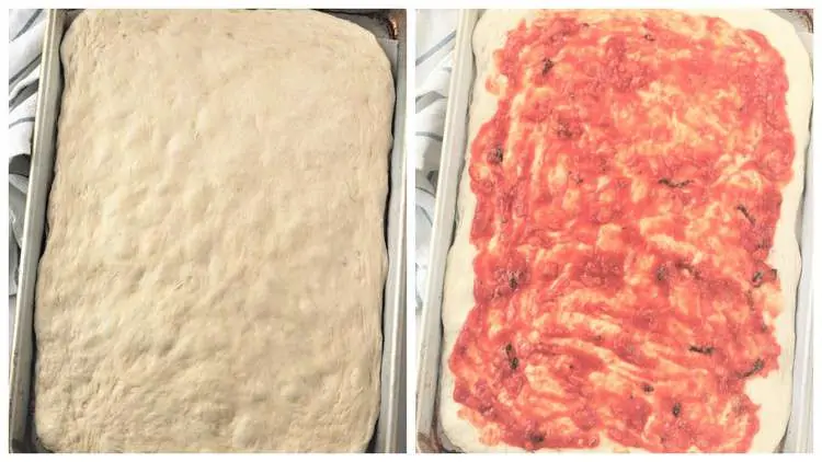 step by step covering pizza dough with tomato sauce