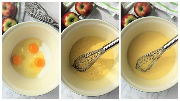 step by step images whisking eggs with sugar in bowl