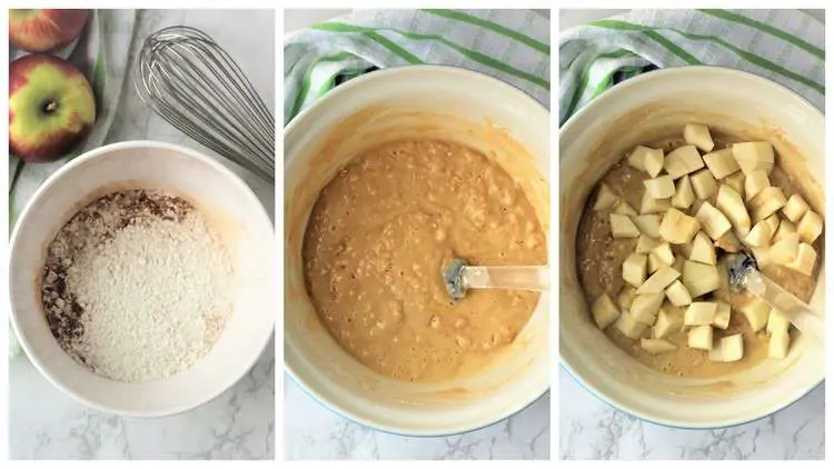 step by step images adding dry ingredients to wet for apple cake