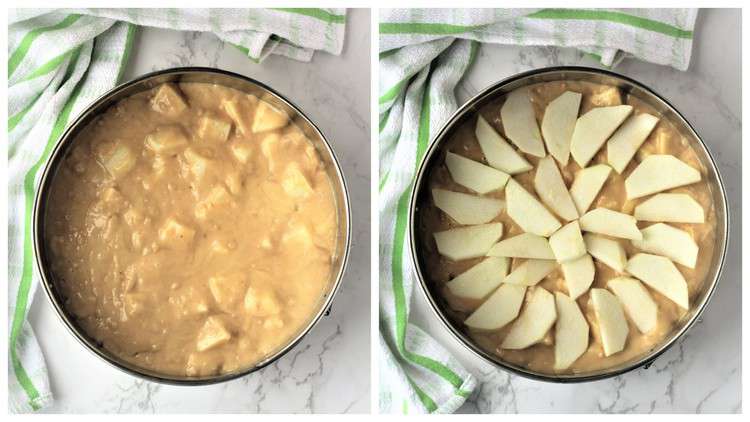 apple yogurt cake batter in spring form pan with apples layered over it 