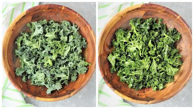 kale leaves in salad bowl with olive oil massaged in