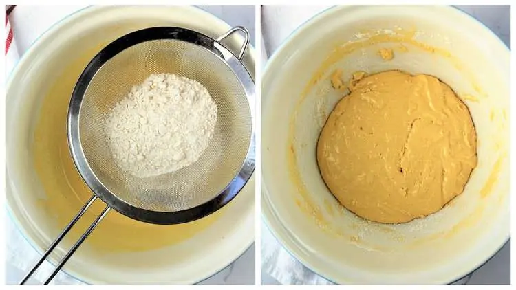 sifted flour over bowl with eggs 