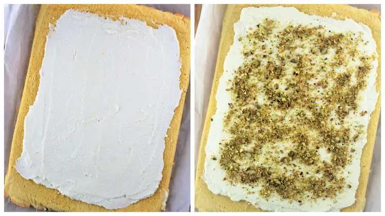 spreading ricotta and topping with pistachios over sponge cake roll