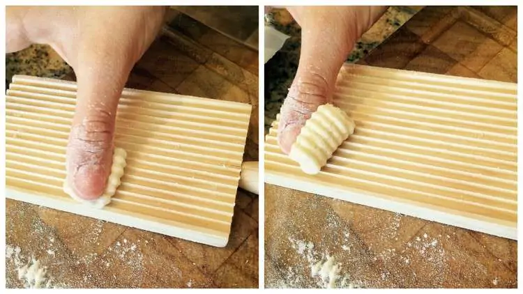 rolling gnocchi with thumb on wood gnocchi board