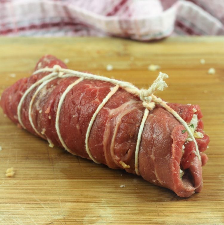 beef braciole tied in butcher's twine