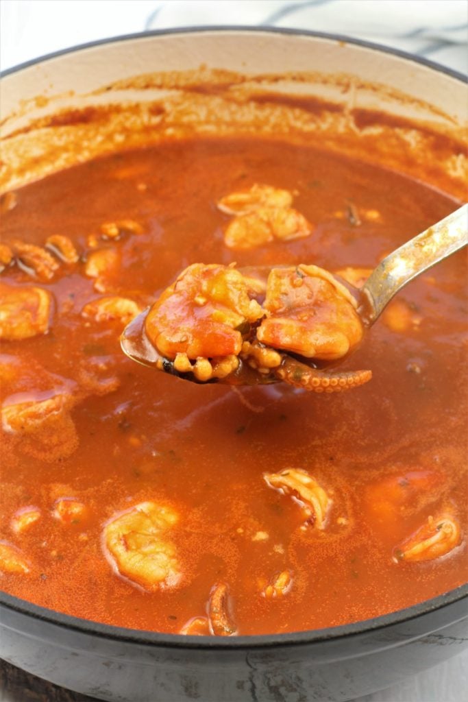 tomato sauce with seafood ladled onto spoon