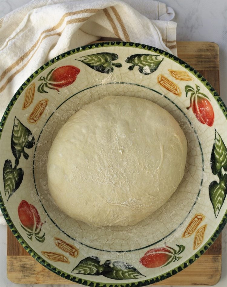 large bowl with ball of pizza dough in center 
