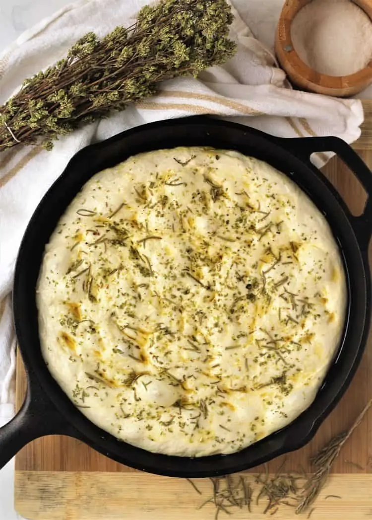 focaccia dough topped with dry herbs in cast iron skillet 
