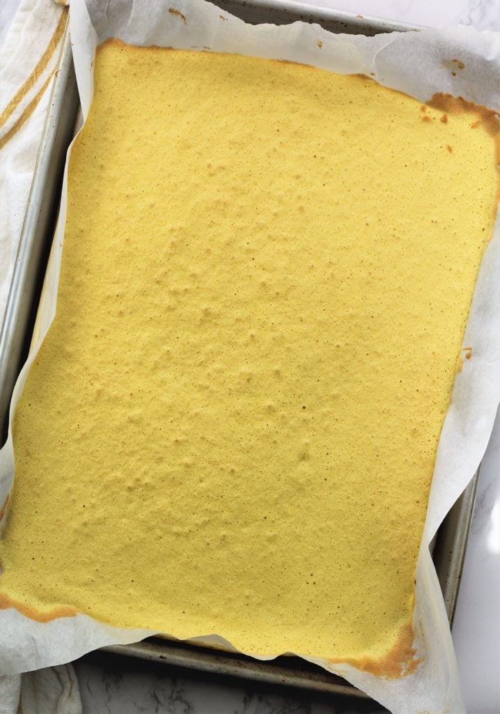 baked cake sponge in rectangular sheet pan