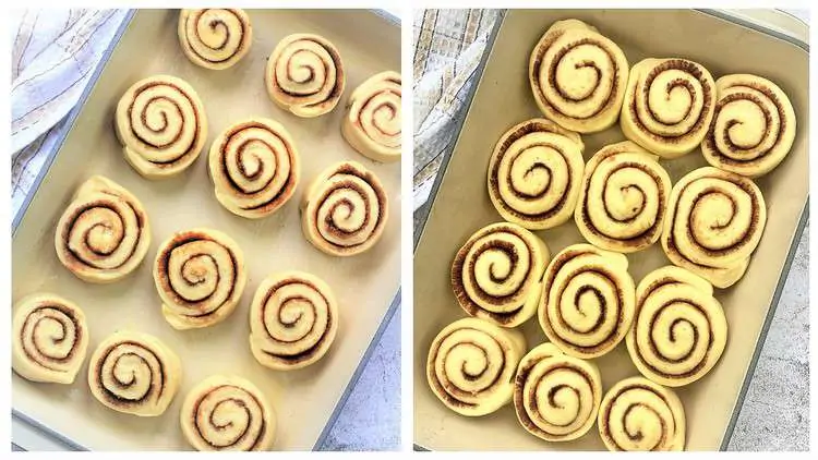 cinnamon rolls in pan before and after rising
