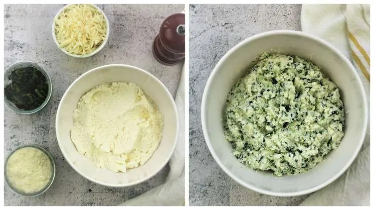 ingredients for spinach ricotta filling combined in bowl