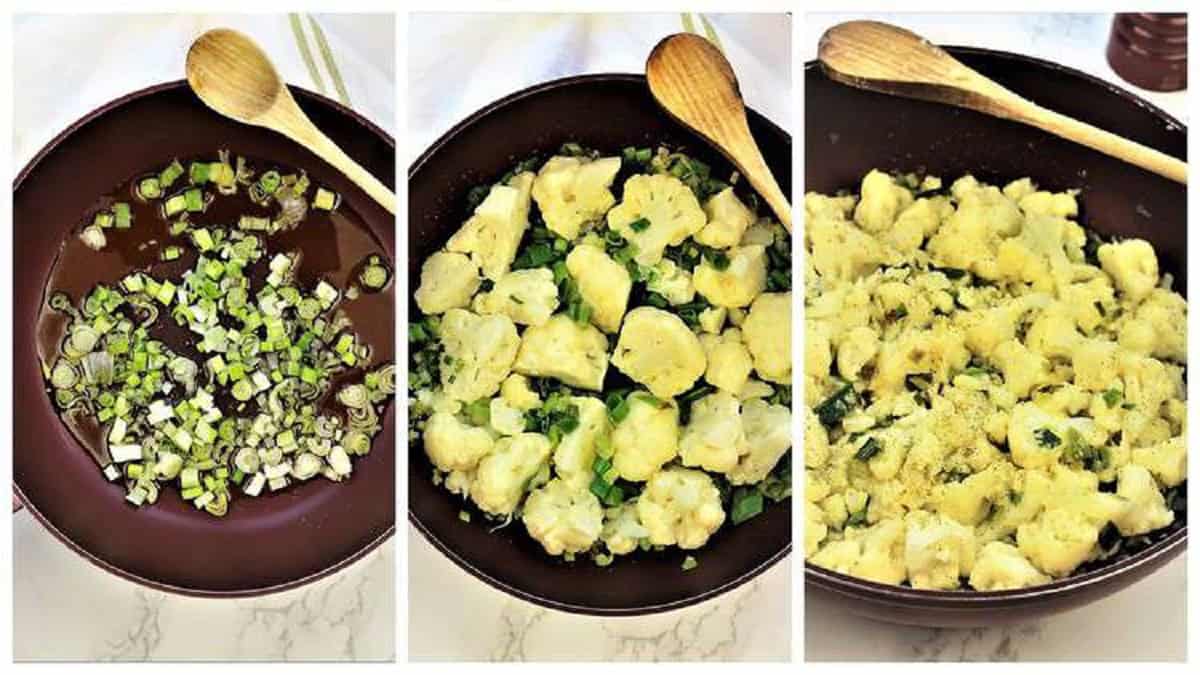 Scacciata with Cauliflower and Black Olives (No Knead Recipe) Sautéed cauliflower, green onions and black olives in skillet for scacciata.