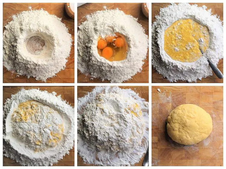 step by step images for making fresh pasta dough with flour and eggs