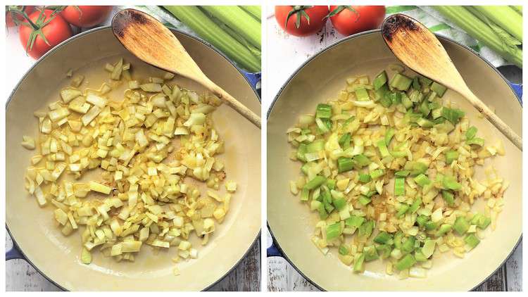 sautéd onion and celery in large skillet with wooden spoon