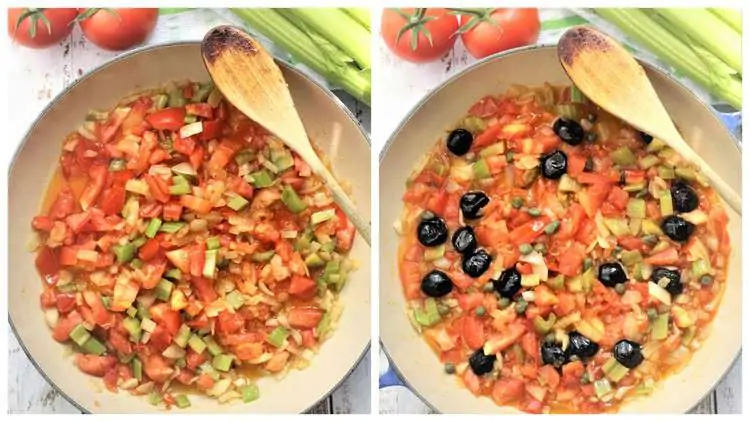 large skillet with sautéd onion, celery, tomatoes and black olives 