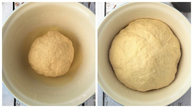 pizza dough in bowl before and after proofing 