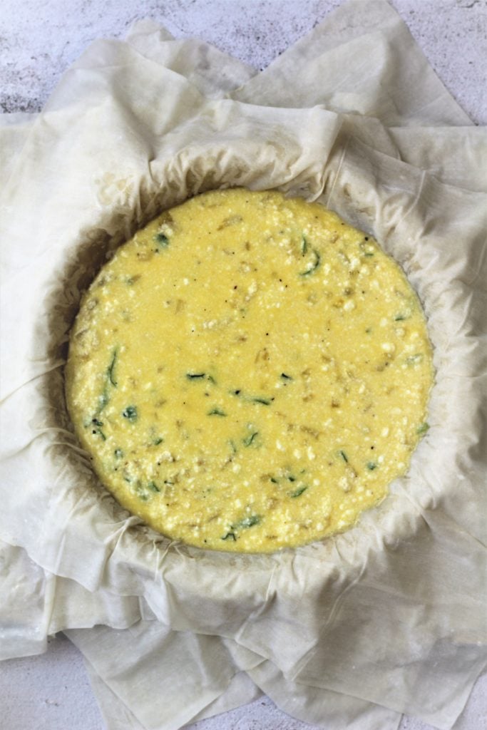 ricotta egg filling in filo covered pie plate