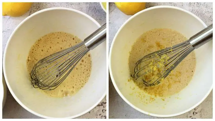 bowls with mixed eggs, sugar and oil with whisk