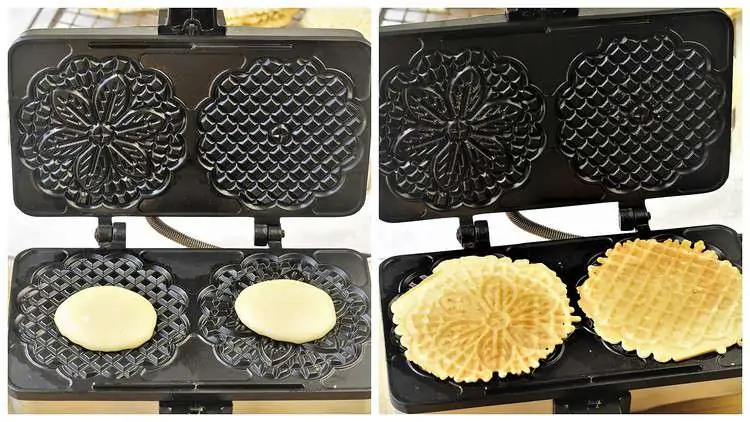 adding batter to a pizzelle iron 