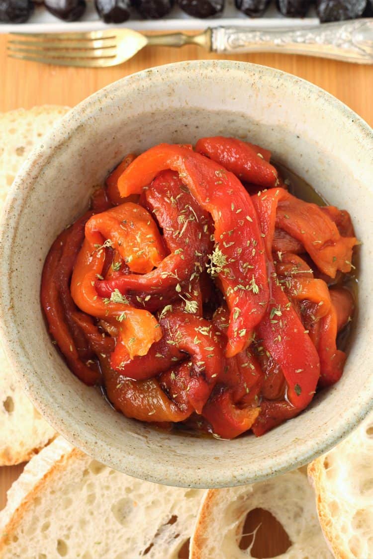 bowl filled with roasted red bell pepper strips