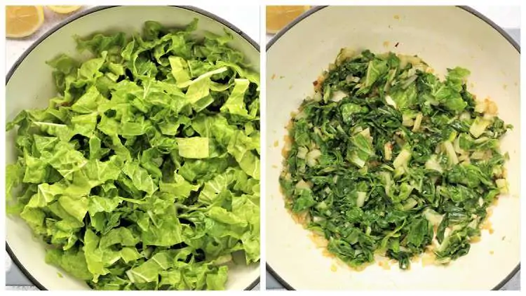 swiss chard wilted in skillet before and after 